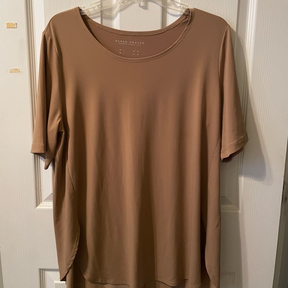 Susan Graver Women's Tan Top modern essentials short sleeve